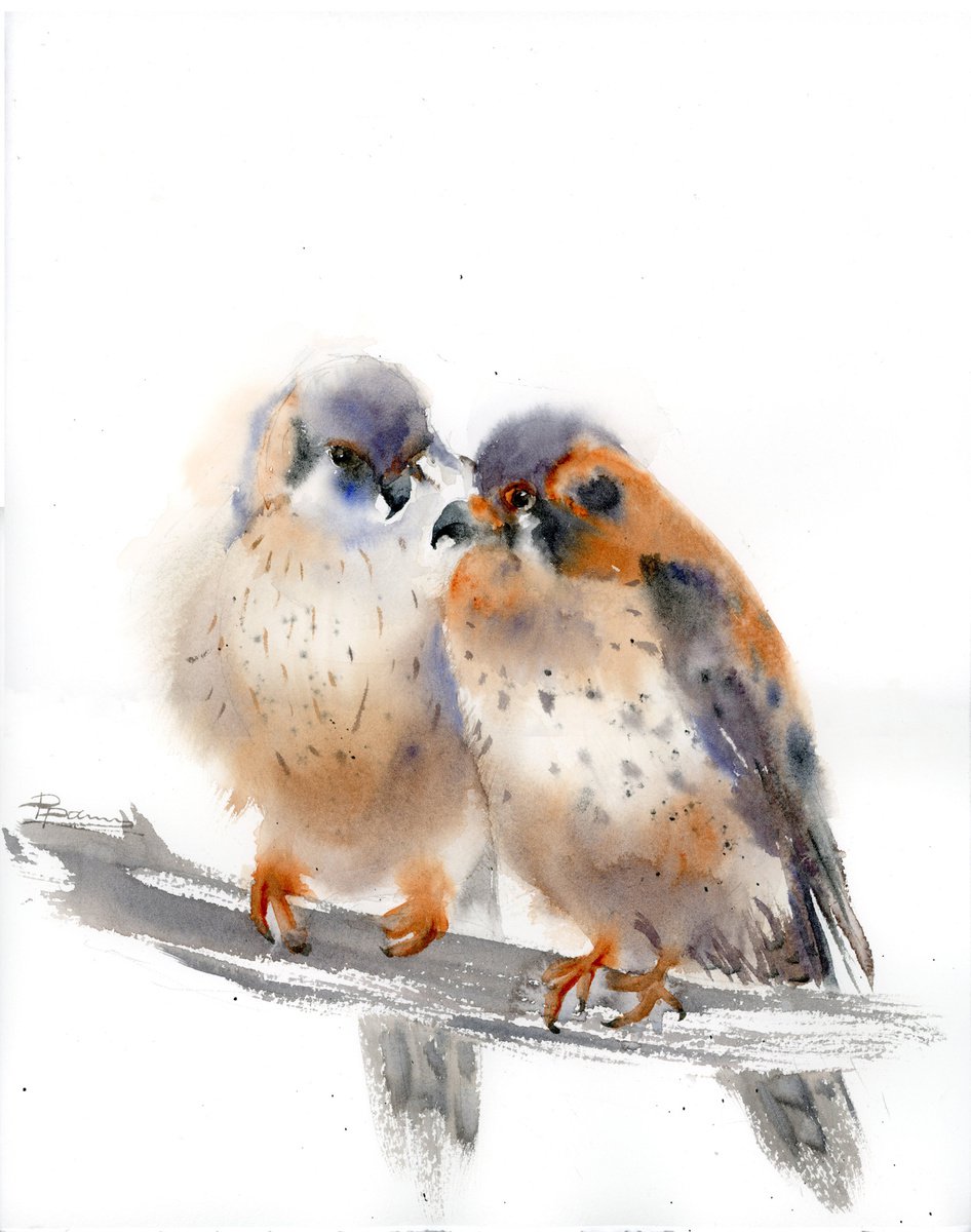 Impressionistic Animal Watercolour By Olga Tchefranov (Shefranov), 11 X 15", Whispering Kestrels, Original Artwork