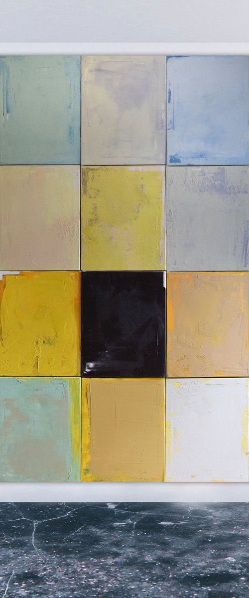 Oil painting, poliptych-20 parts, canvas art, stretched, "Play with me XI". Size 78.7/ 78.7 inches (200/200cm) by Kariko ono