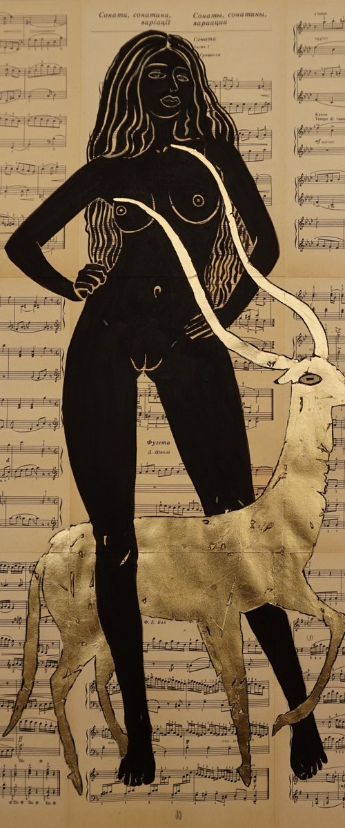 Girl and Golden Antelope Drawing by ANASTASIA BALABINA