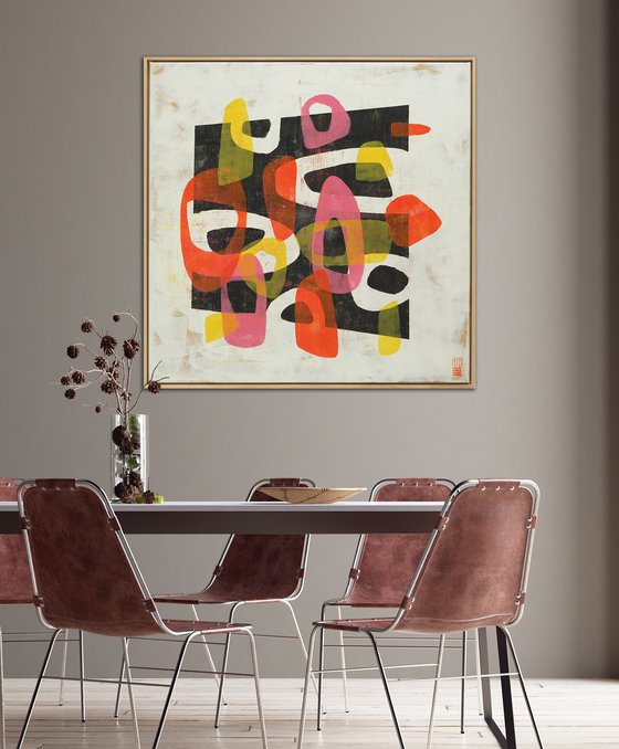 Incl Frame 95 x 95 cm - Round & Round in Pink & Orange - Ronald Hunter - 25J