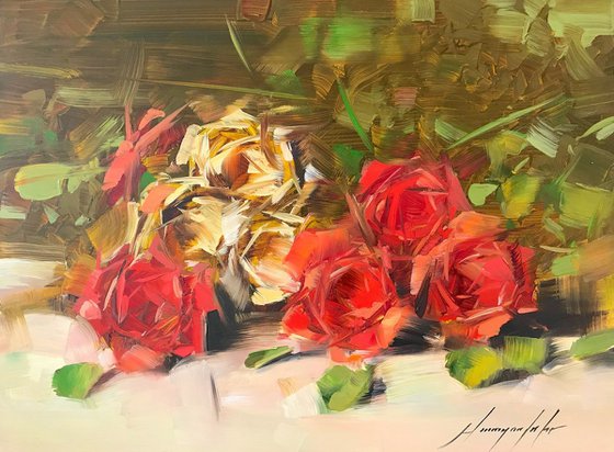 Roses, Oil painting, One of a kind, Signed, Handmade artwork