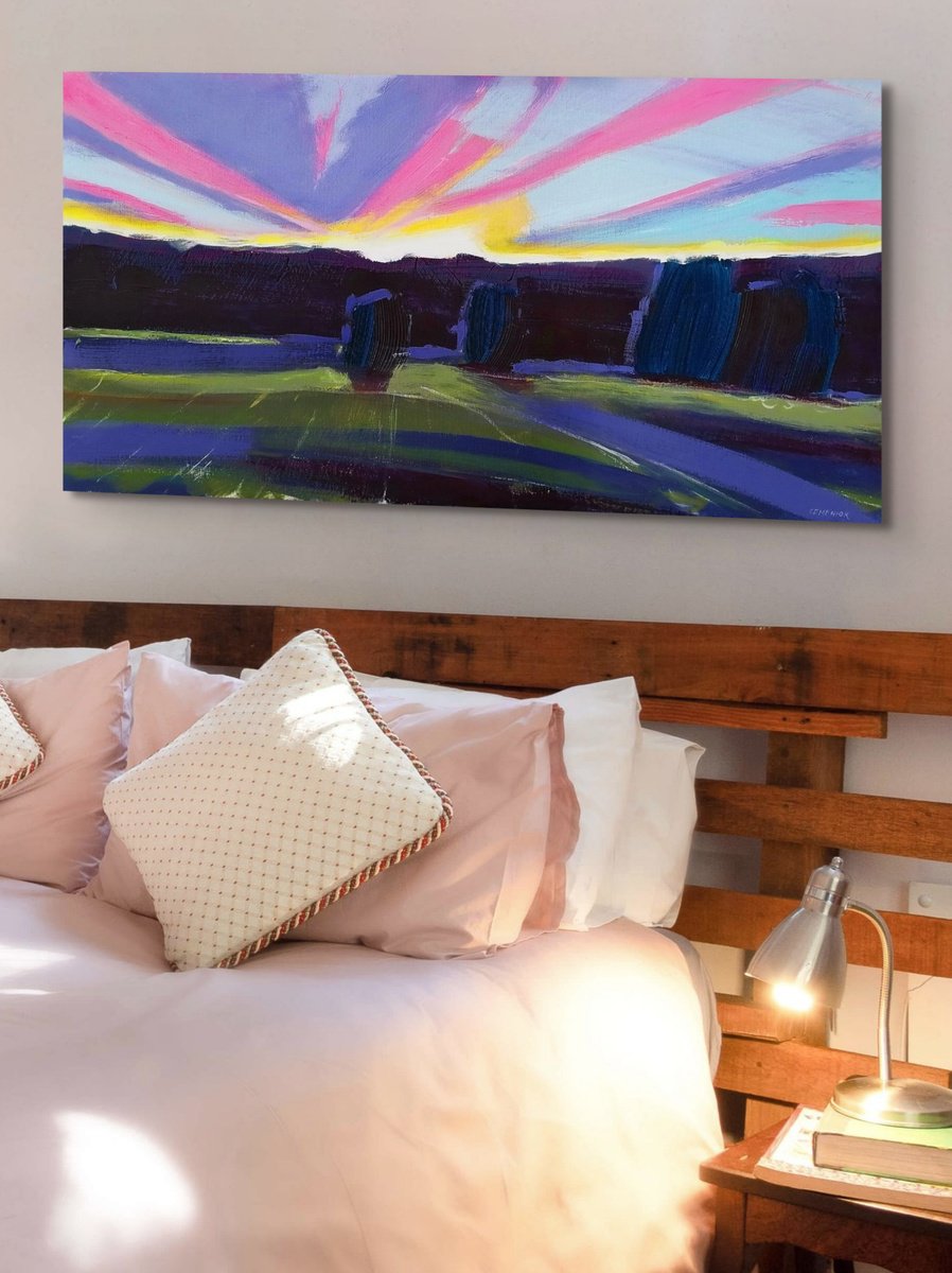 Impressionistic Landscape Oil Painting By Evgen Semenyuk, 28 X 14, Evening Of The Fine Day, Original Artwork