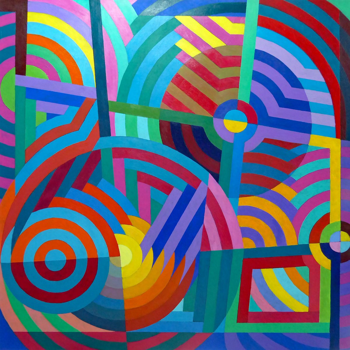 Geometric Abstract Acrylic Painting By Stephen Conroy, 39 X 39", Large Geometric Doodle Ii, Original Artwork