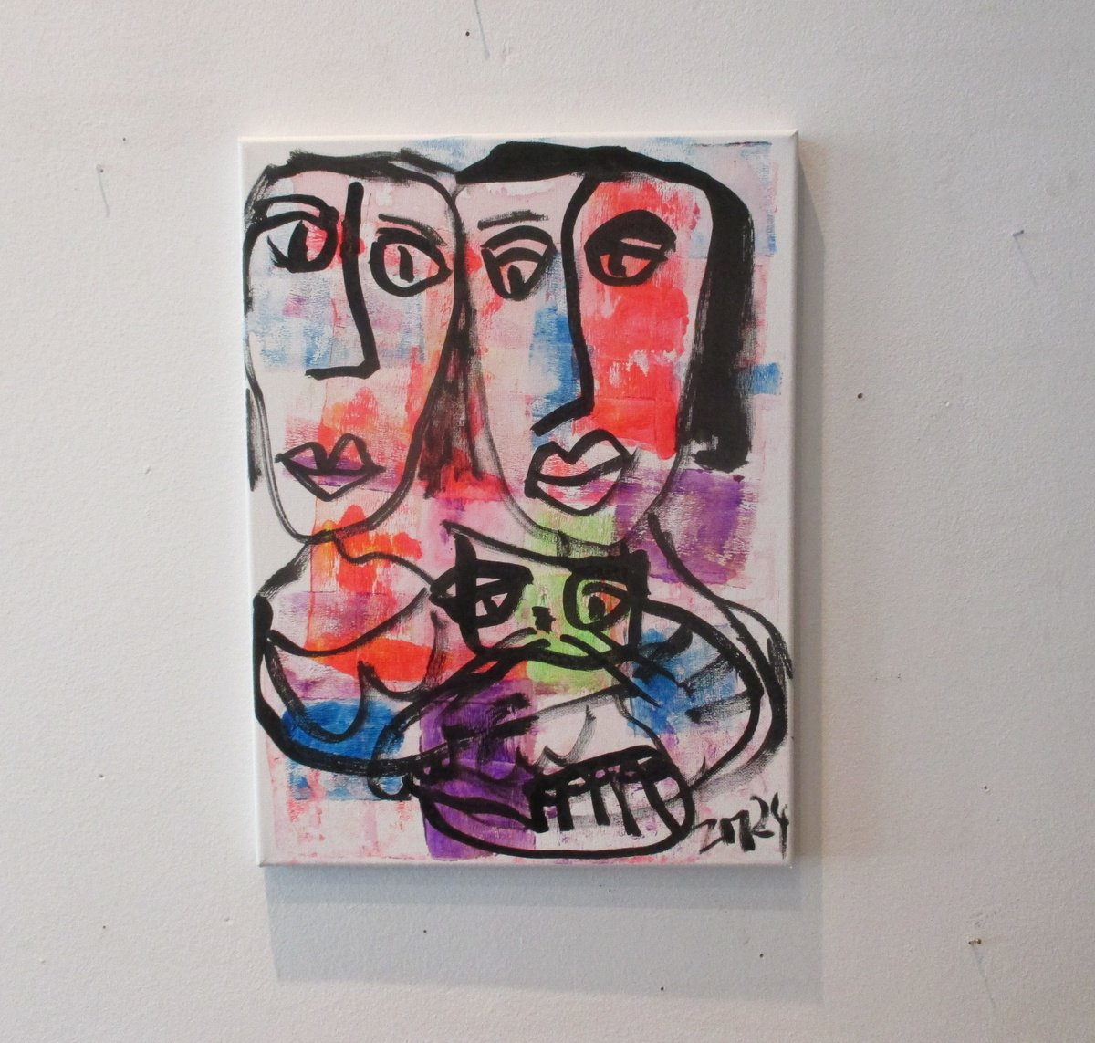 Expressive Portrait Acrylic Painting By Sonja Zeltner-Muller, 12 X 16", Expressive Neon Girls With Cat, Original Artwork