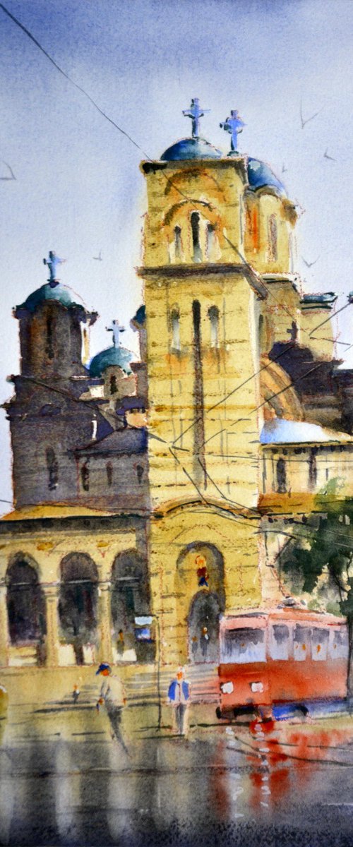 St.Marks Church and red tram 21x35 cm 2023 by Nenad Kojić watercolorist