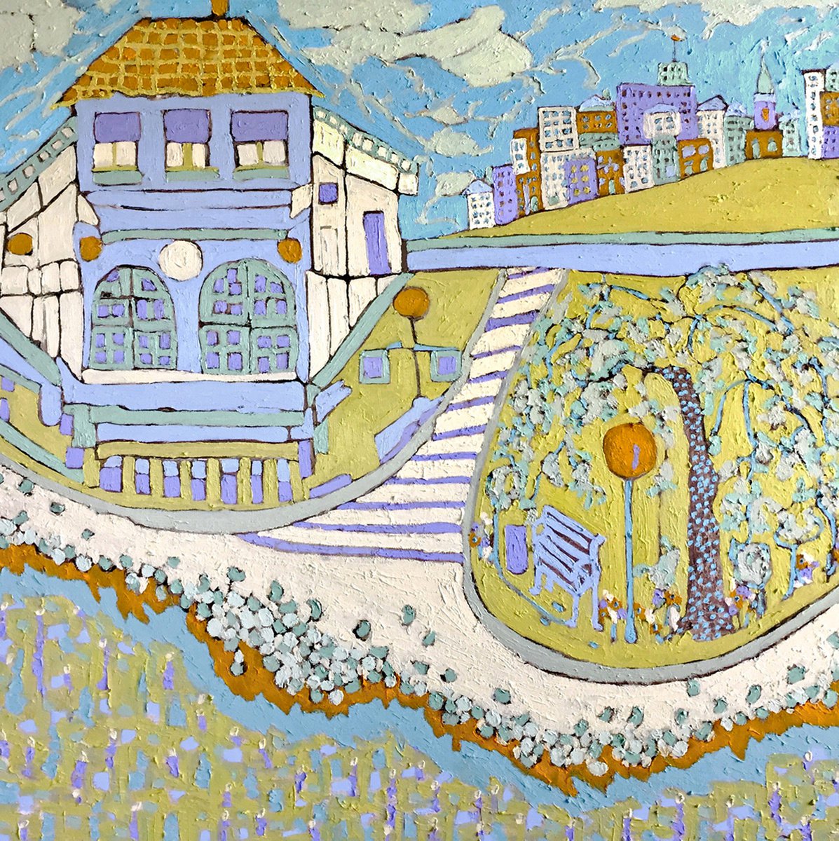 Impressionistic Cityscapes Oil Painting By Ann Parks Mccray, 36 X 36, Country Idyll, Original Artwork