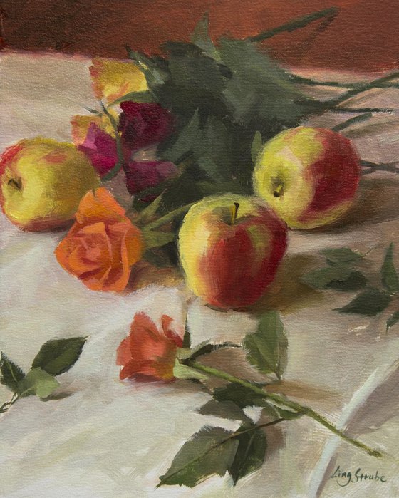Still Life with Apples and Roses (Framed)