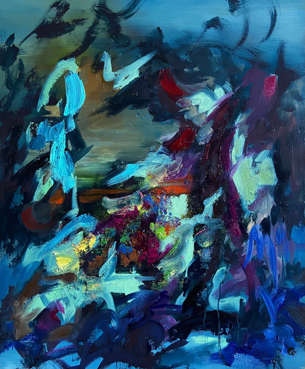 Abstract Landscape Oil Painting By Junija (Yuna) Galejeva, 20 X 24", Black Birds, Original Artwork