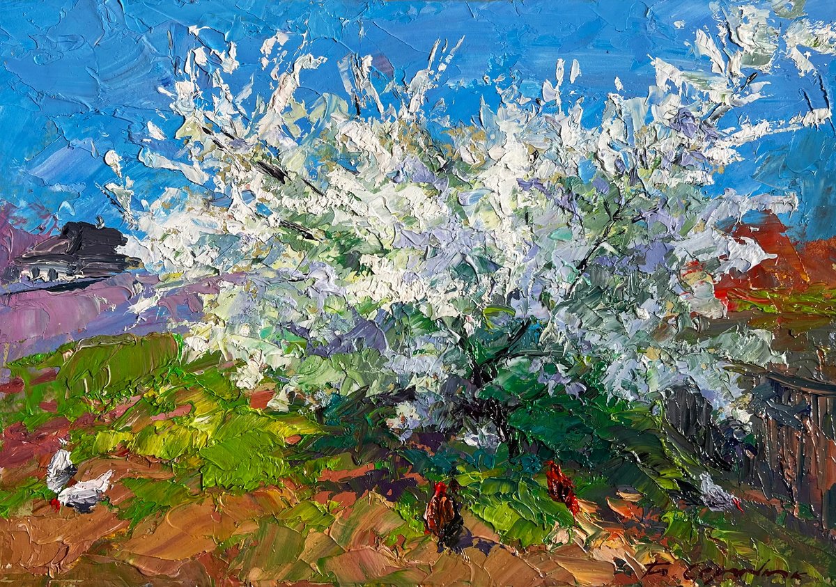 Flowering Tree And Chickens By Boris Serdyuk, 12 X 8, Artwork For Sale On Artfinder