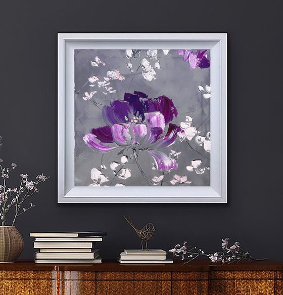 VERY PERI GREENHOUSE  - Small square purple painting. Violet floral art.