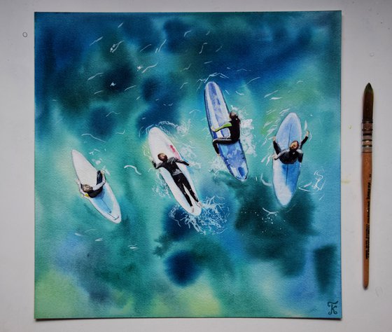 Surf Watercolour Painting, Surfing Sea Ocean Art Original, Boho Summer Wall Art, Gift for Surfer