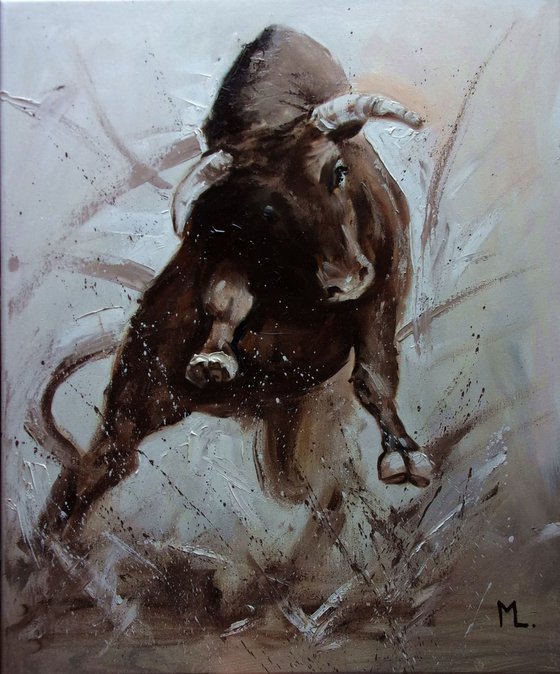 MONIKA LUNIAK " POWER ... " -  BULL original oil painting on canvas, gift,  PALETTE KNIFE