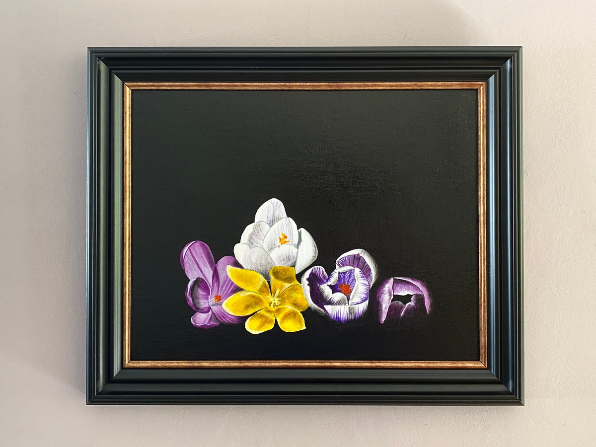 Photorealistic Botanical Acrylic Painting By Kaz Jones, 16 X 13", Crocuses, Original Artwork