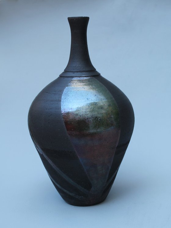 Raku Bottleneck Poured Green Lustre Glaze.