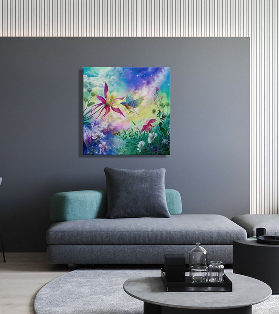 "Blossoming of life", nature floral painting, birds art, milky way