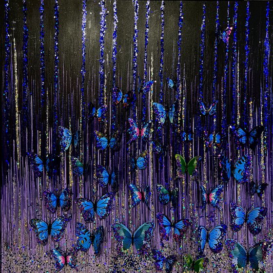 Butterfly sworms glitter abstract purple painting
