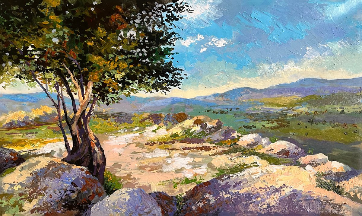 Impressionistic Landscape Acrylic Painting By Maria Kireev, 39 X 24", Arbel Mountain, Original Artwork
