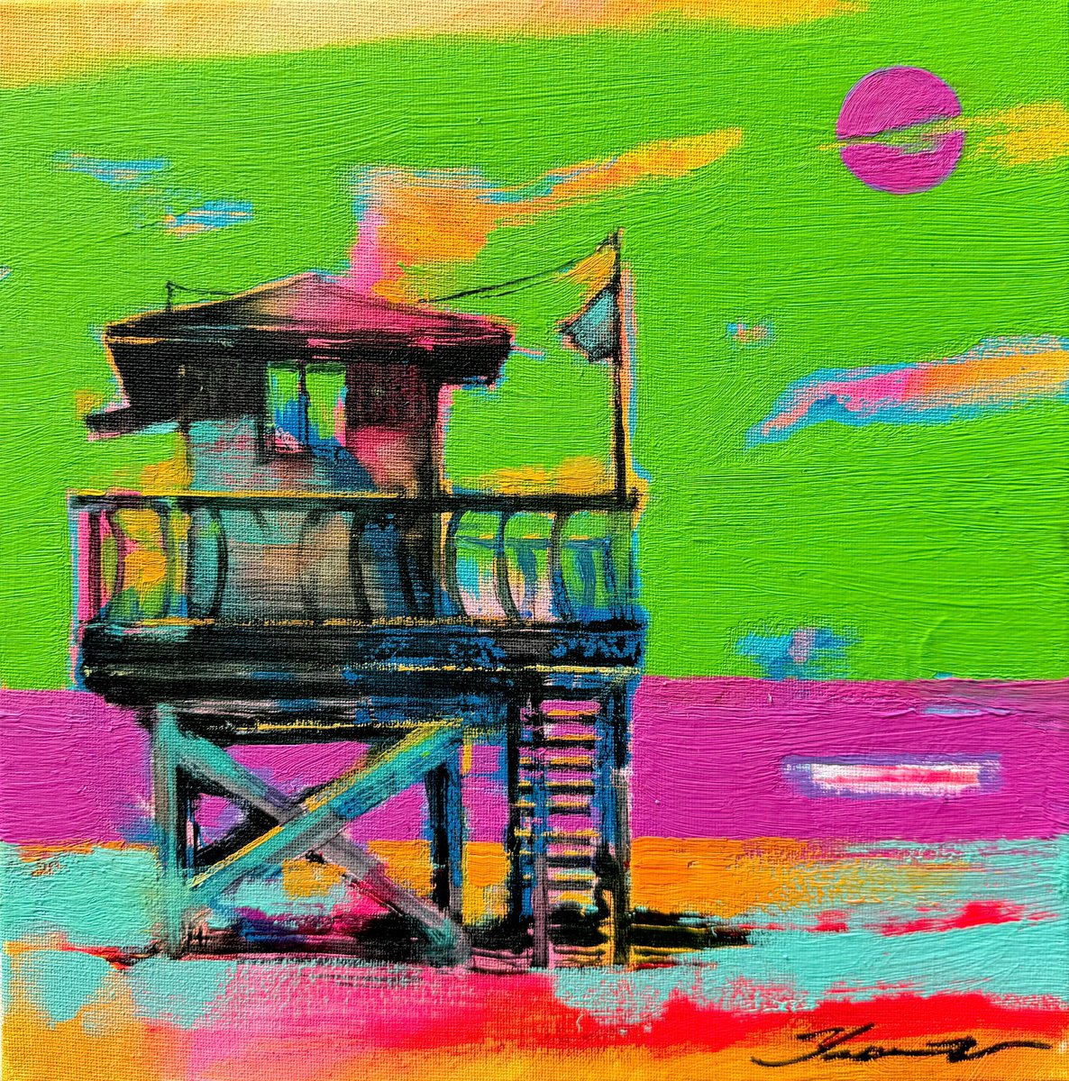 Expressive Landscape Acrylic Painting By Yaroslav Yasenev, 12 X 12", Purple Moon, Original Artwork