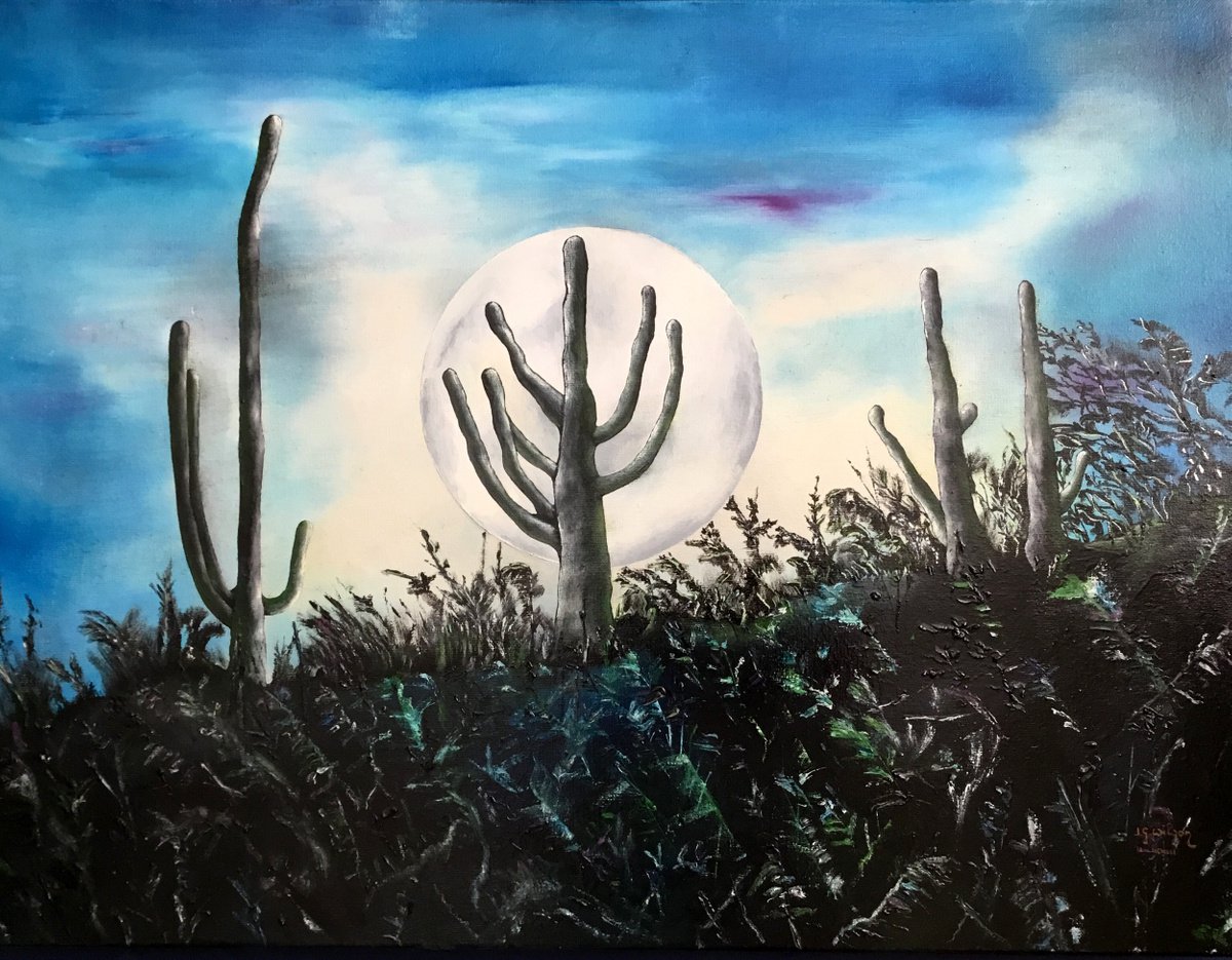 Illustrative Landscape Oil Painting By Jg Wilson, 31 X 24, Saguaros In The Moonlight, Original Artwork