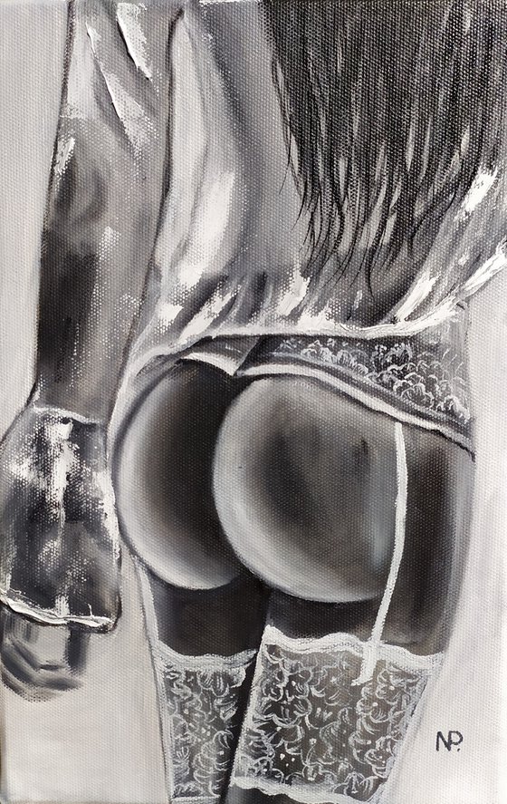 In lingerie, original erotic nude gestural oil painting, Gift, impressionistic art