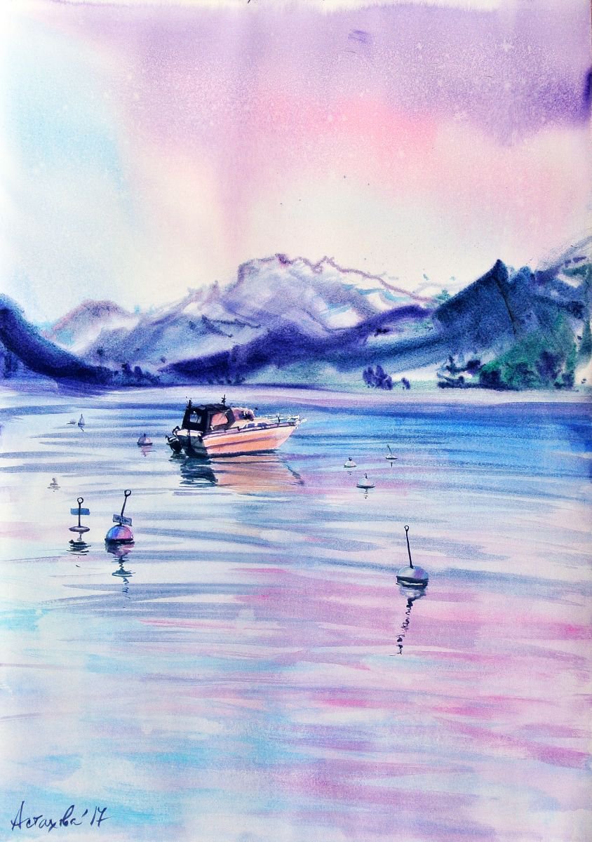 Impressionistic Landscape Watercolour By Ksenia Astakhova, 14 X 20", Winter Sunset In Villeneuve, Original Artwork