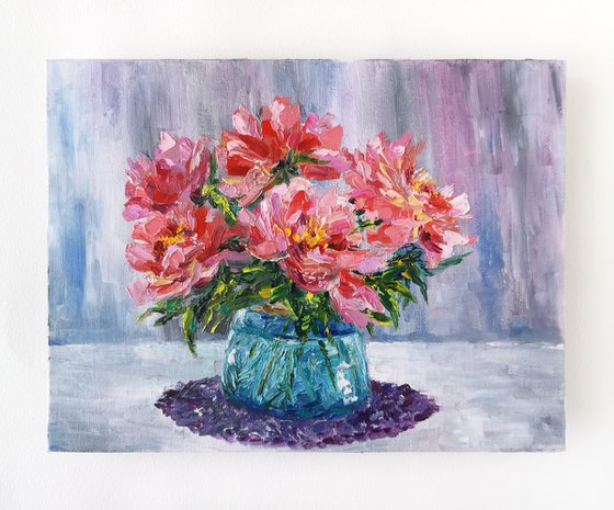 Peonies. Pink peony bouquet, small oil painting