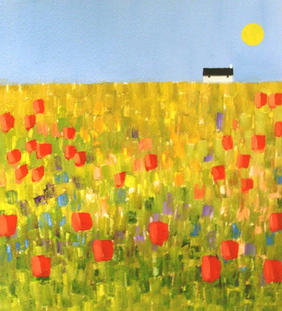 White Cottage in Poppy Field