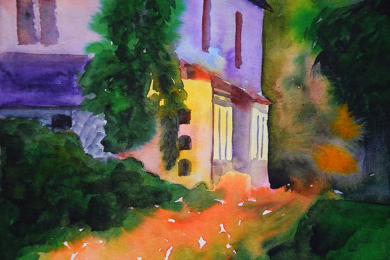 Sunset garden watercolor painting original, evening landscape wall art