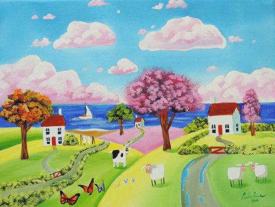 Folk art naive landscape with a cow