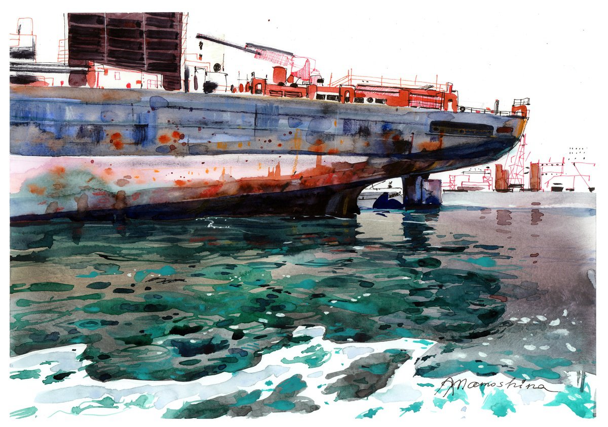 Impressionistic Landscape Watercolour By Anastasia Mamoshina, 17 X 12, Harbor Reflections, Original Artwork