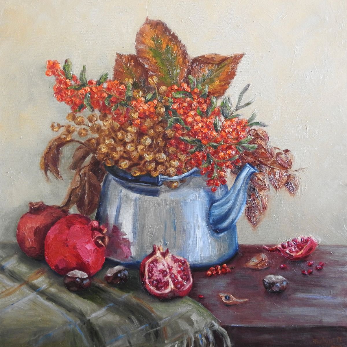 Still life with teapot, pomegranate, autumn leaves and seeds by Olga Tretyak