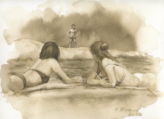 Beach love triangle / ORIGINAL watercolor 12.2x9.1in (31x23cm). ( Monochrome painting with sepia)
