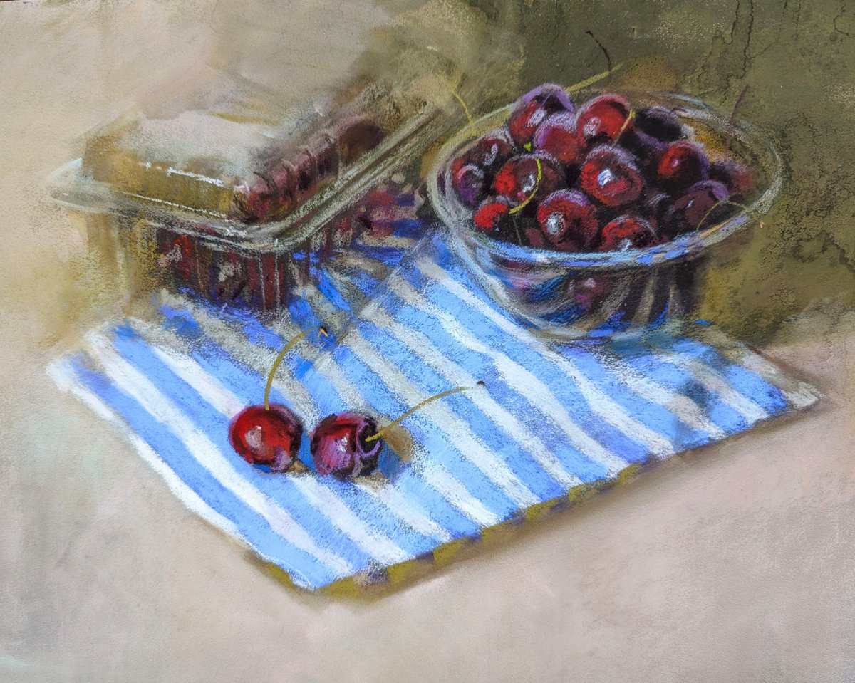 Impressionistic Still Life Pastel Drawing By Silja Salmistu, 14 X 11", Cherries, Original Artwork