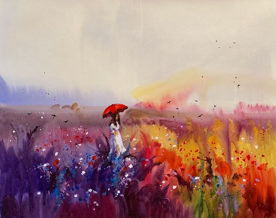 Watercolor “Three wonders of Summer: rainbow, lavender and poppies” perfect gift