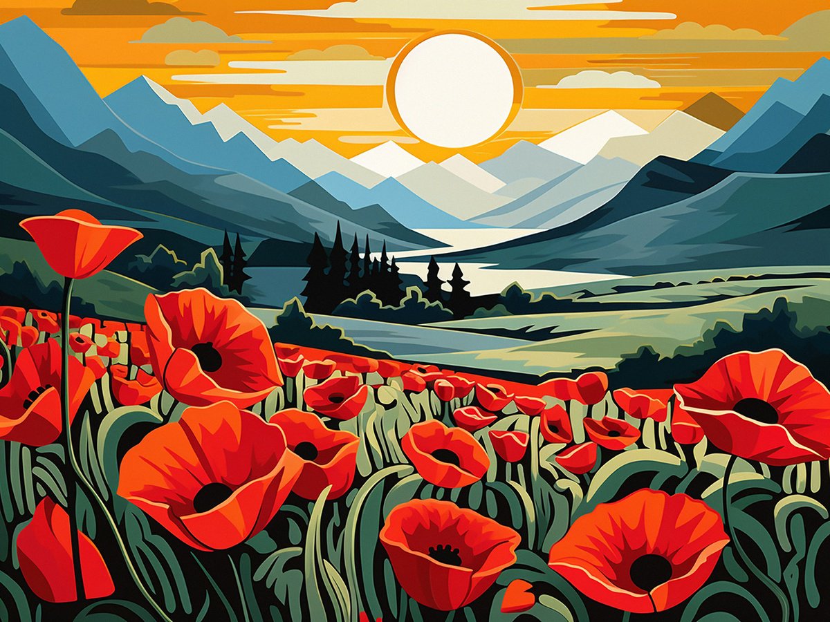 Urban And Pop Acrylic Painting , Poppies In The Valley By Kosta Morr, 31 X 24, Artwork For Sale On Artfinder