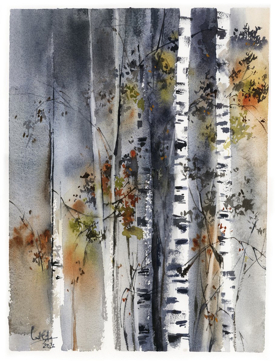Birch Forest Landscape Nature Watercolor Painting, Trees Painting by Sophie Rodionov