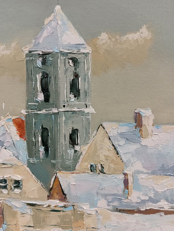 Osijek, a city in Croatia. Original oil on canvas. Winter scene