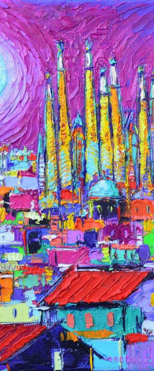 BARCELONA ABSTRACT CITYSCAPE MYSTIC FULL MOON OVER SAGRADA FAMILIA textural impressionist impasto palette knife oil painting by Ana Maria Edulescu by ANA MARIA EDULESCU