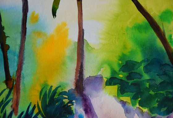 Abstract tropical trees original watercolor painting Spanish green forest