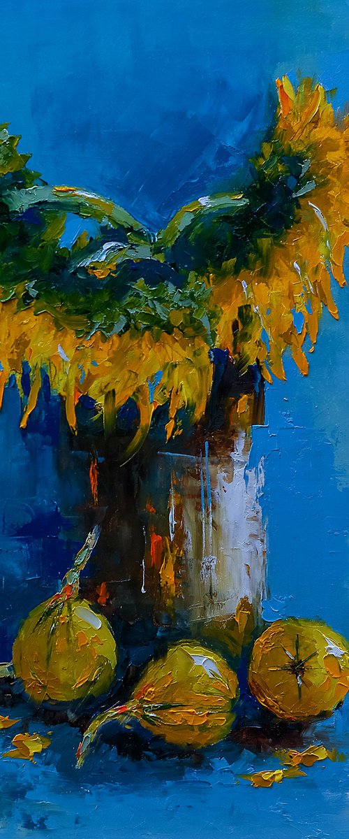 Old sunflowers in vase. Sunflowers oil painting. Painting for gift by Marinko Šaric