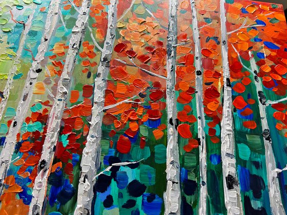 Woodlands Magic - Original Abstract Tree Painting, Colorful Trees Painting, Large Original Nature Landscape Modern Texture Painting Boho Wall Art Living Room Decor - Size: 48 x 24 inches (120 x 60 cm)