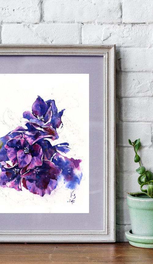 "Dark Purple Hydrangea" watercolour floral artwork by Ksenia Selianko