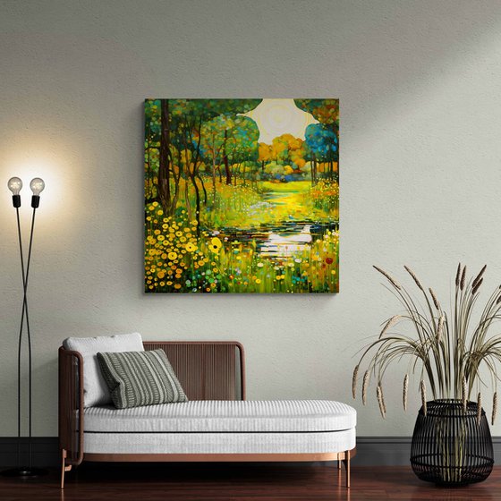 Warm green forest, yellow white flowers and pond with light reflections and bright sunbeams in Klimt style. Hanging large positive relax colorful wall art for home decor