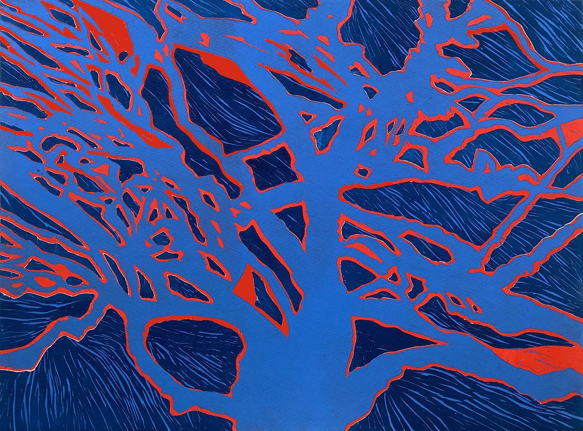 Organic Landscape Linocut By Helen Boden, 19 X 15, Radient Energy, Original Artwork