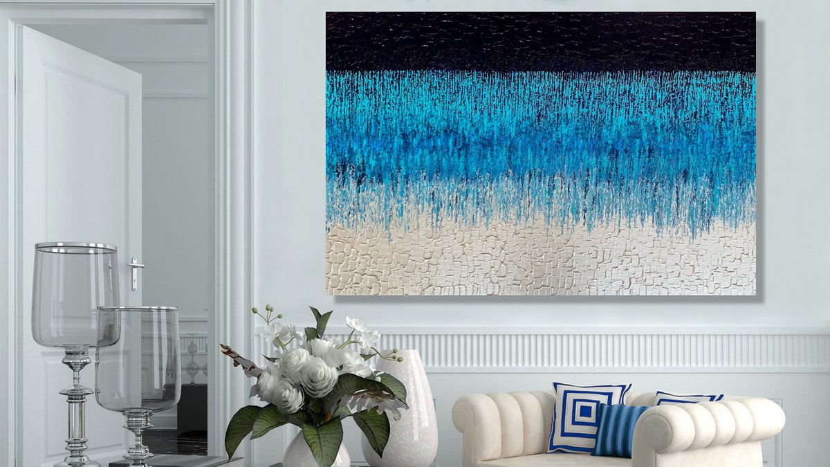 Abstract Acrylic Painting By Julijana Ravbar, 47 X 31", Cascade Of Blue #3, Original Artwork