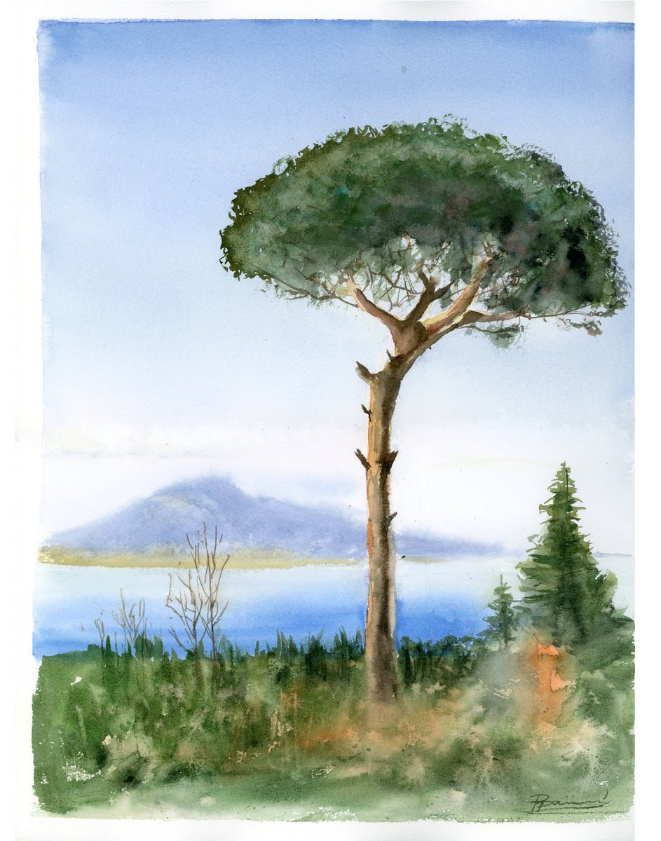 Impressionistic Watercolour , Pine Tree With Mount Vesuvius By Olga Tchefranov (Shefranov), 12 X 16, Artwork For Sale On Artfinder