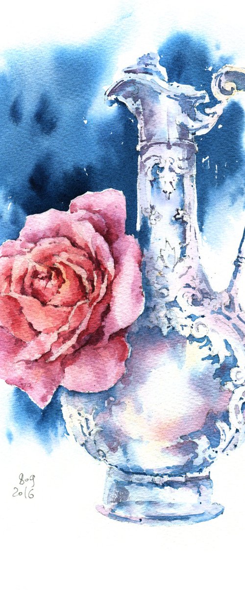 "Silver" watercolour sketch with antique decanter and rose by Ksenia Selianko