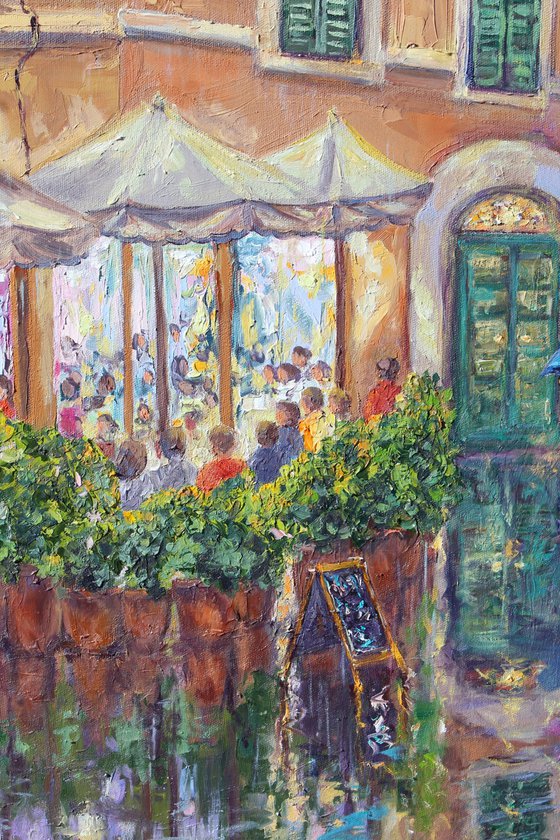Original 28" x 22" Oil Painting Of Rome, "Cafe Roma"