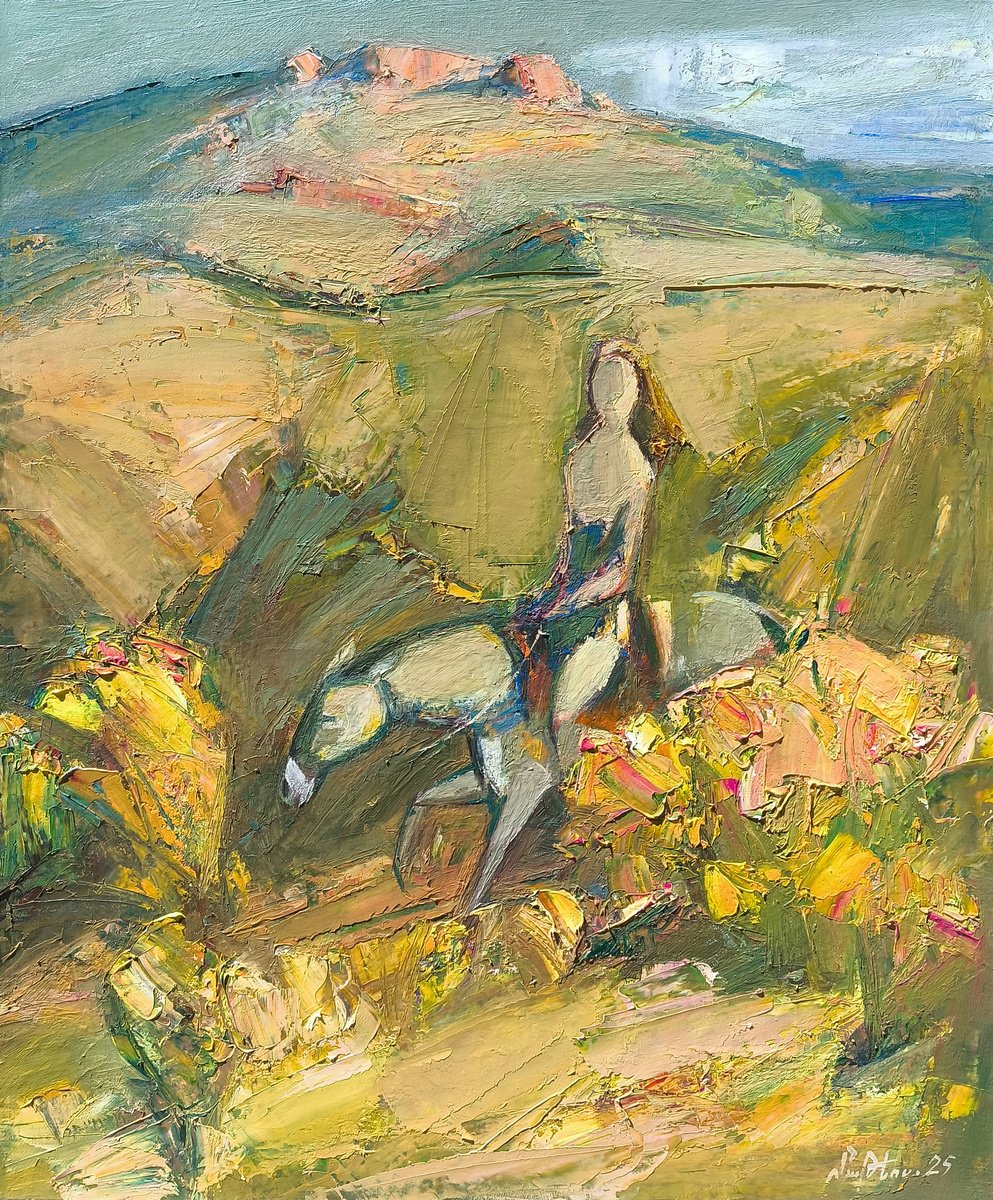 Abstract Portrait Oil Painting By Matevos Sargsyan, 20 X 24", Rider Of The Golden Hills, Original Artwork