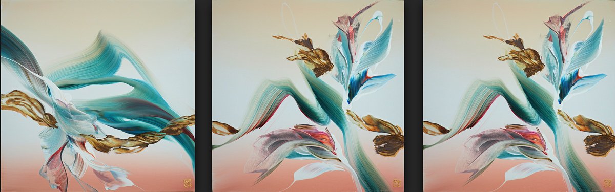 Abstract Acrylic Painting By Novi Lim, 60 X 20", Florilegium Of Motion Triptych, Original Artwork